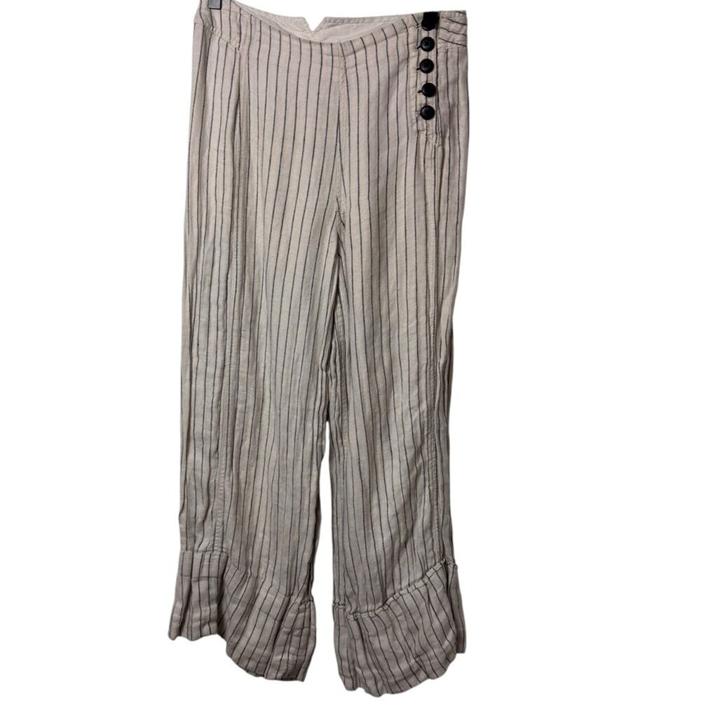 FREE PEOPLE CREAM BLUE WOMEN WIDE LEG PANTS SIZE 2 PRE-OWNED 100% LINEN